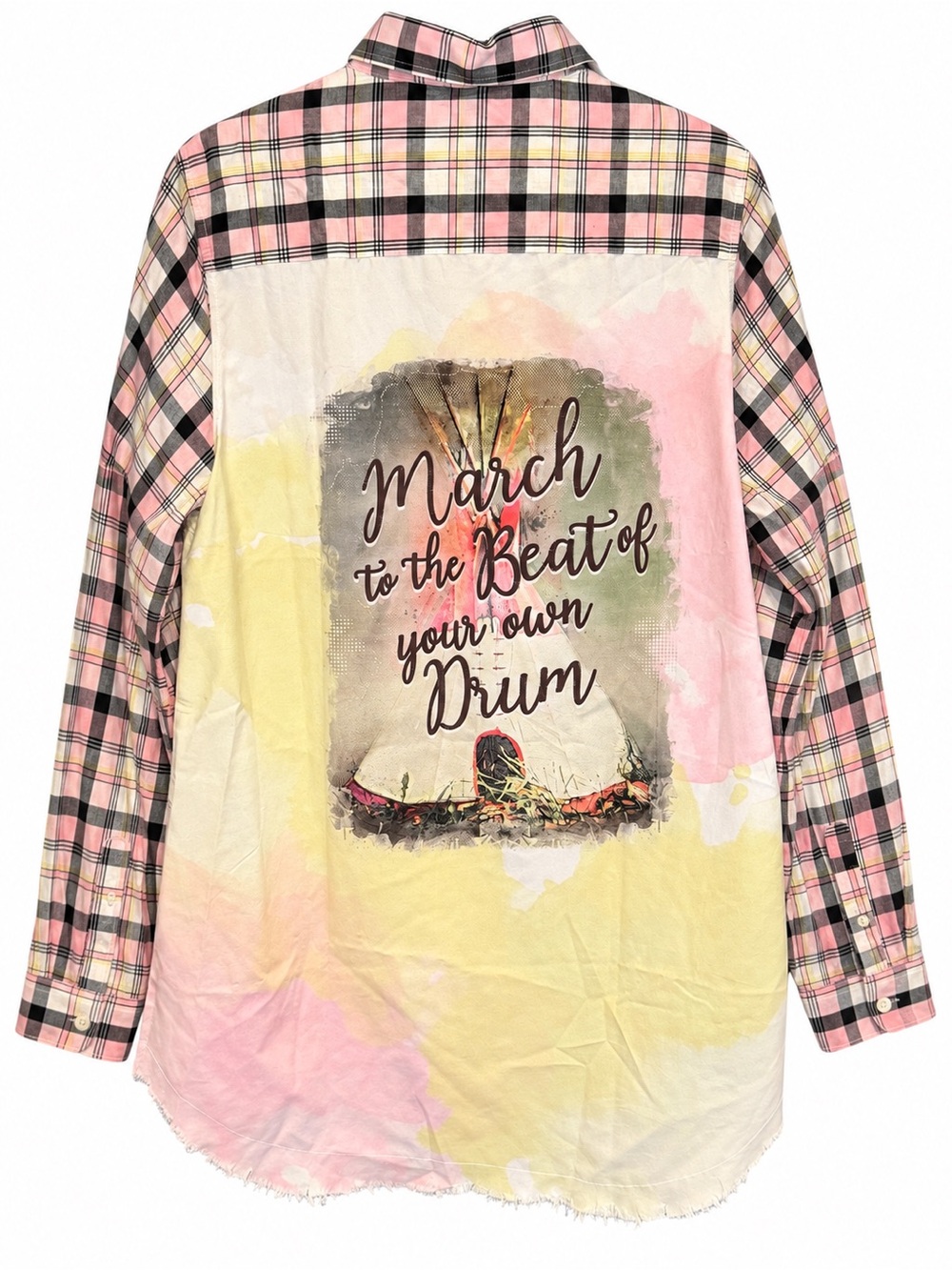 One24 Rags Pink Plaid Button-Down Shirt w/ “March to the Beat of Your Own Drum”